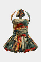 Ocano Watercolor Satin Mini Dress – Multicolor Backless Tie-Up Dress