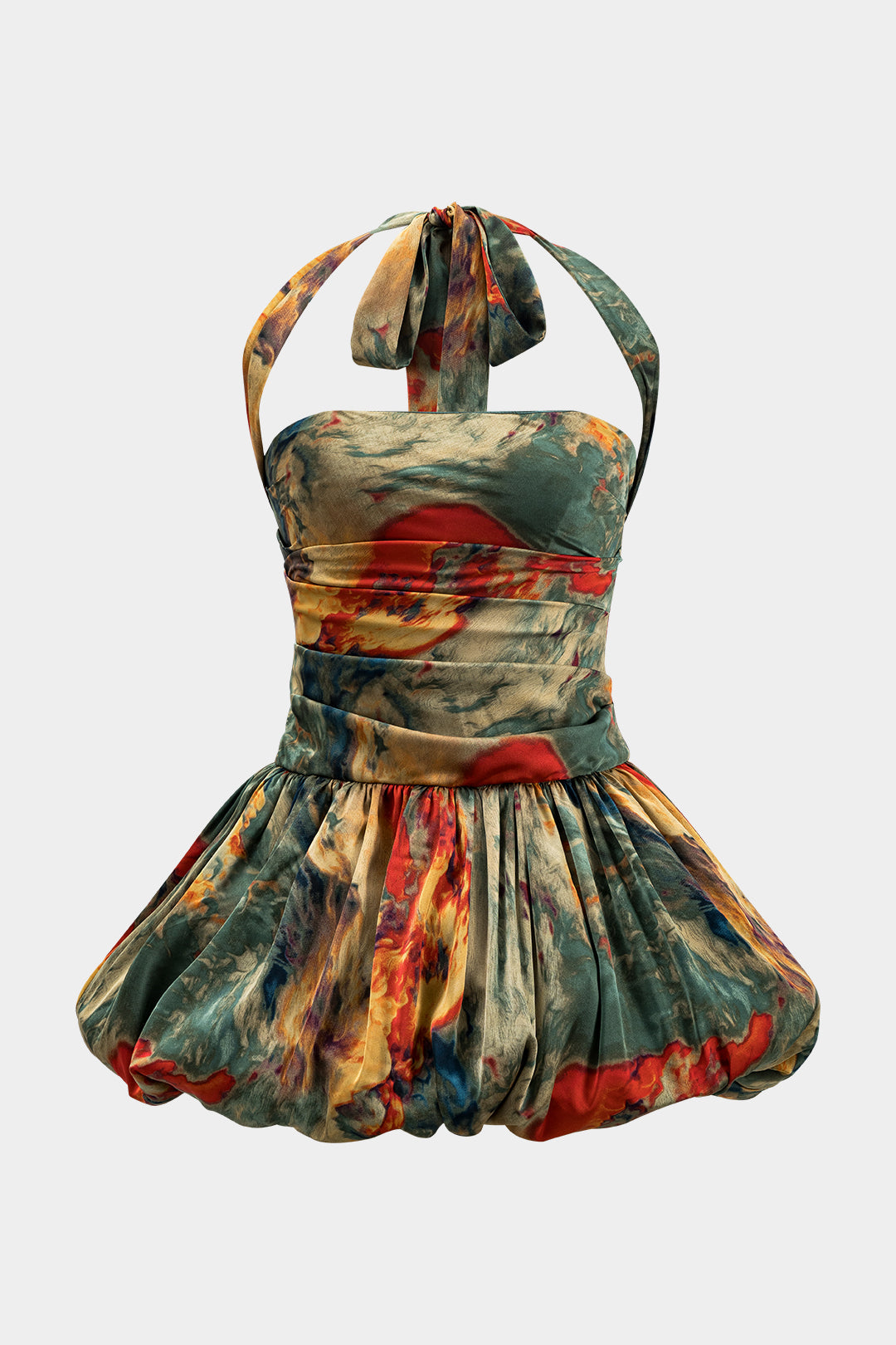 Ocano Watercolor Satin Mini Dress – Multicolor Backless Tie-Up Dress