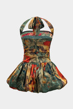 Ocano Watercolor Satin Mini Dress – Multicolor Backless Tie-Up Dress