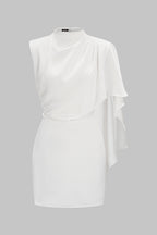 Ocano Satin Asymmetrical Mini Dress – White Ruched Zipper Dress