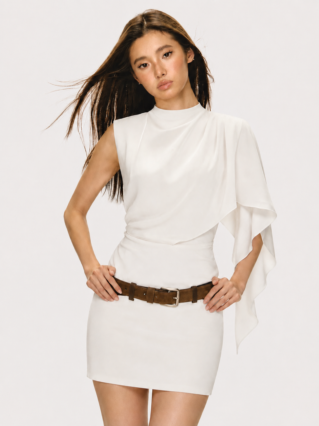 Ocano Satin Asymmetrical Mini Dress – White Ruched Zipper Dress