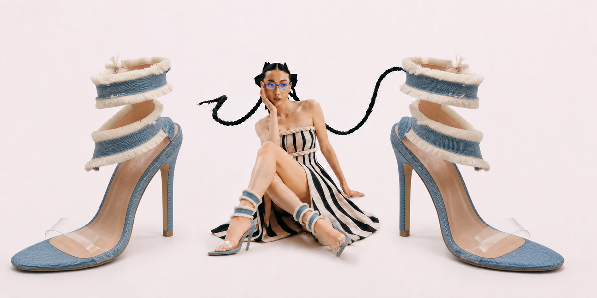 A fashion doll or figurine wearing a black-and-white striped dress and blue-and-white striped strappy heels, seated between two matching blue-and-white high-heeled shoes on a plain light background.